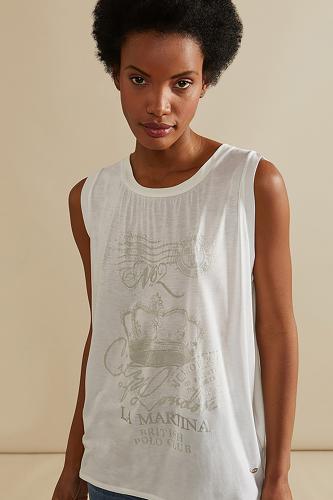 La Martina γυναικεία μπλούζα αμάνικη με print loose fit Annalaura - NWRE31-JS196 Λευκό M
